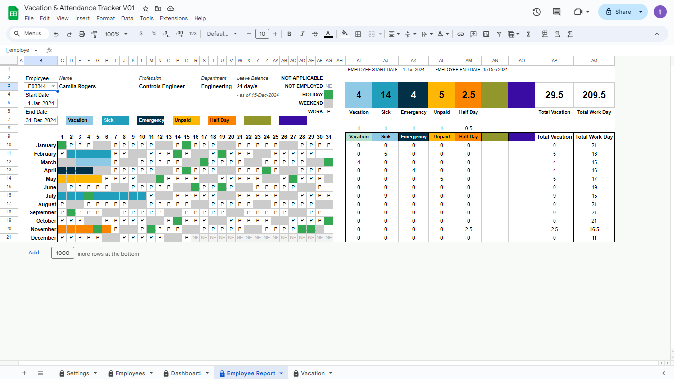 Vacation & Attendance Tracker - Google Spreadsheet